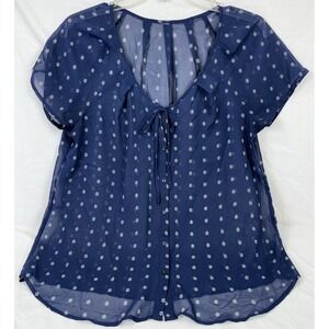 Navy Sheer Blouse Top Large Button Front Tie Neck Short Sleeve Peplum Hem